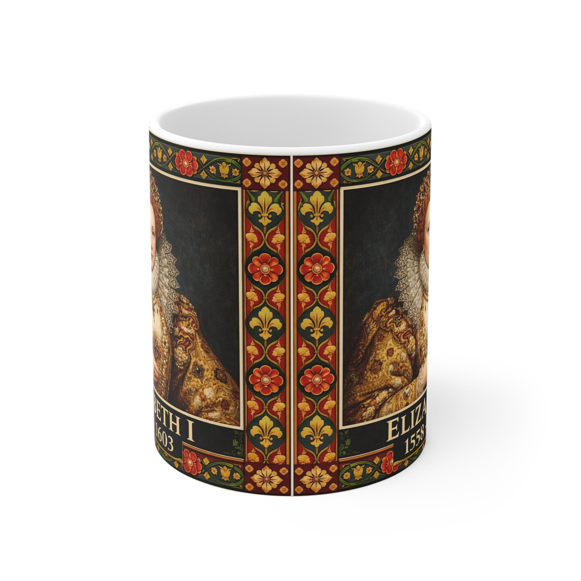 Elizabeth I Portrait Mug with Tudor Pattern — Tudor History Gift