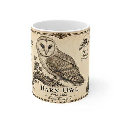 Barn owl ornithology mug with antique botanical detail on white ceramic