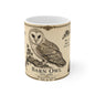 Barn owl ornithology mug with antique botanical detail on white ceramic