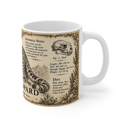 Snow leopard museum plate illustration printed on an 11oz white ceramic mug