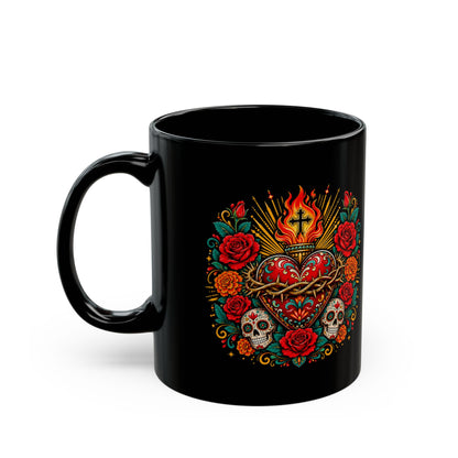 Sacred Heart Sugar Skull Mug — Day of the Dead Black Ceramic Coffee Cup