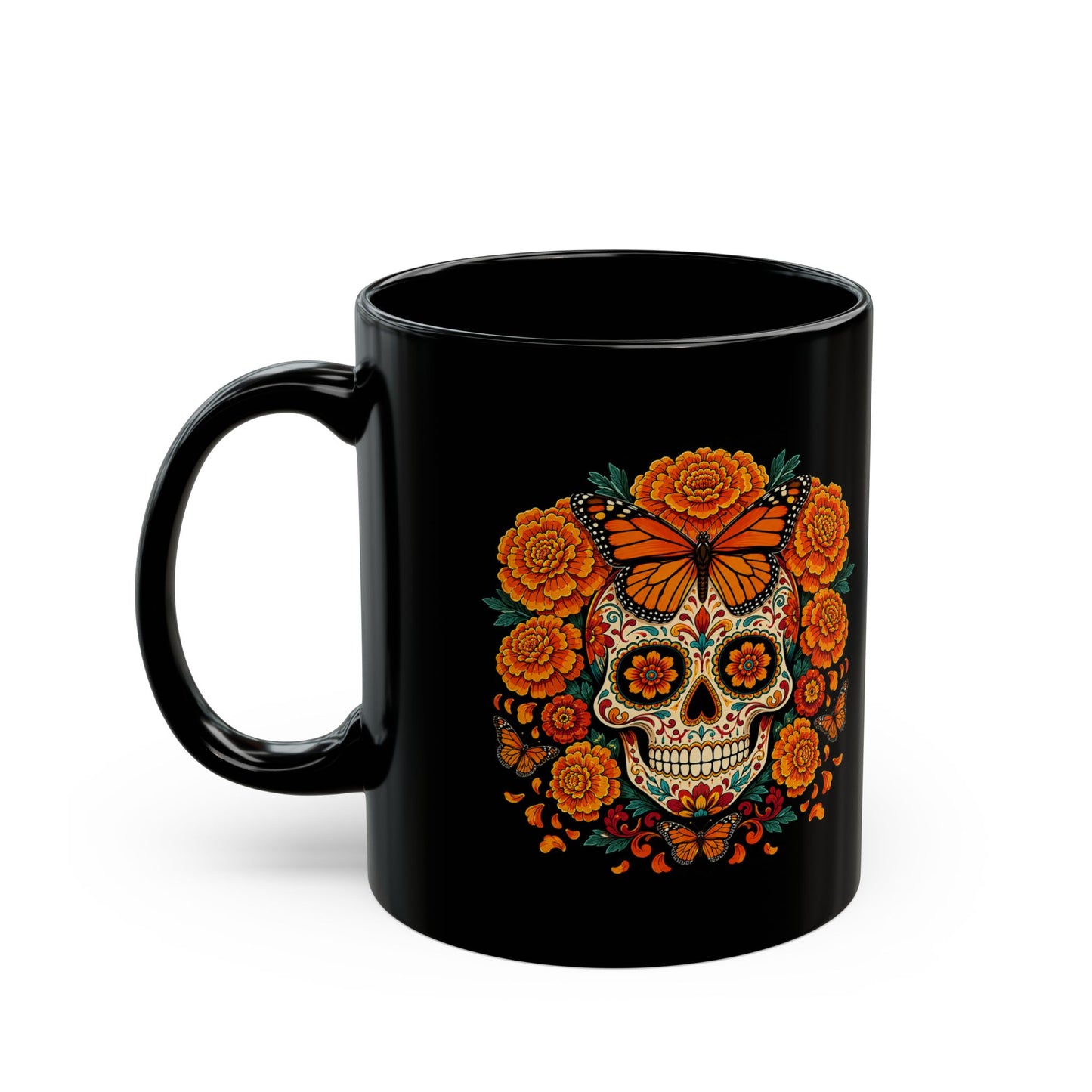 Marigold & Monarch Sugar Skull Mug — Day of the Dead Black Ceramic Coffee Cup
