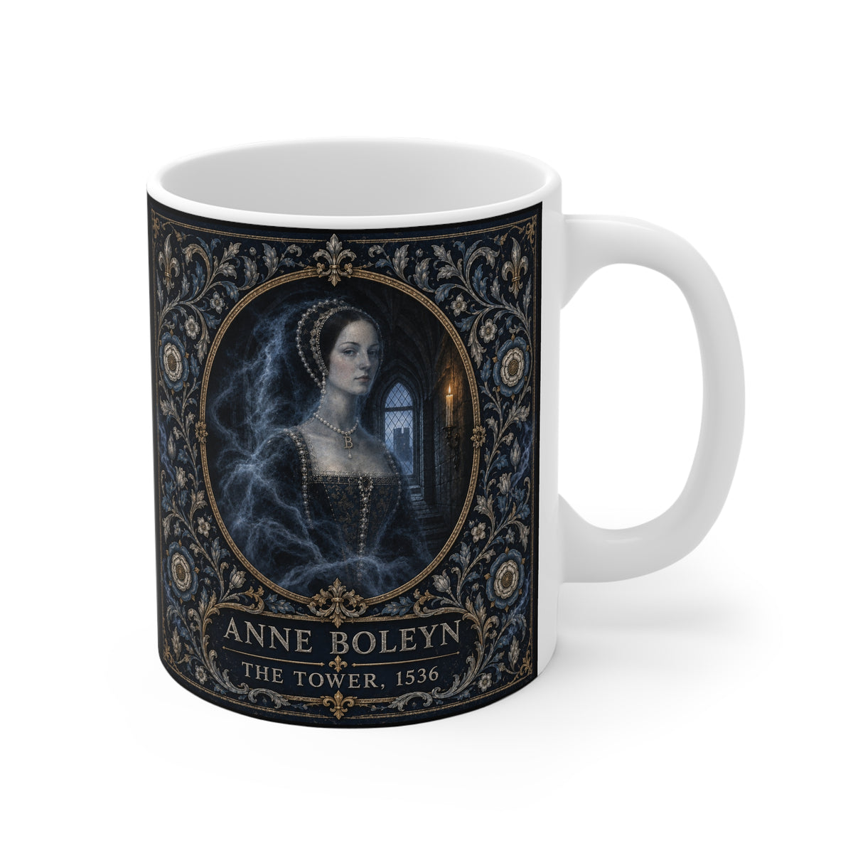 Anne Boleyn at the Tower, 1536 — haunted Halloween mug design with a candlelit window and stone stair behind the queen
