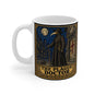 Plague Doctor mug design — antique woodcut of a beaked plague doctor with a cane in a moonlit medieval street, a red plague cross on the door and a rat on the cobbles, THE PLAGUE DOCTOR banner beneath, in navy, black and gold