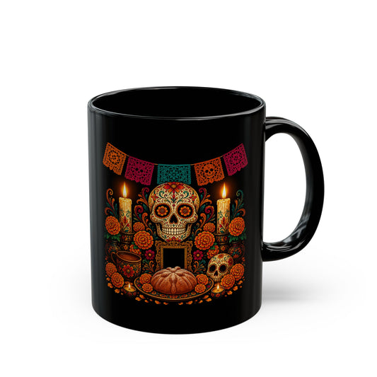 Ofrenda sugar skull design wrapping an 11oz black ceramic mug