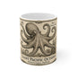 Giant Pacific octopus natural history mug in warm sepia and parchment tones, 11oz white ceramic