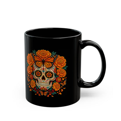 Marigold & Monarch Sugar Skull Mug — Day of the Dead Black Ceramic Coffee Cup