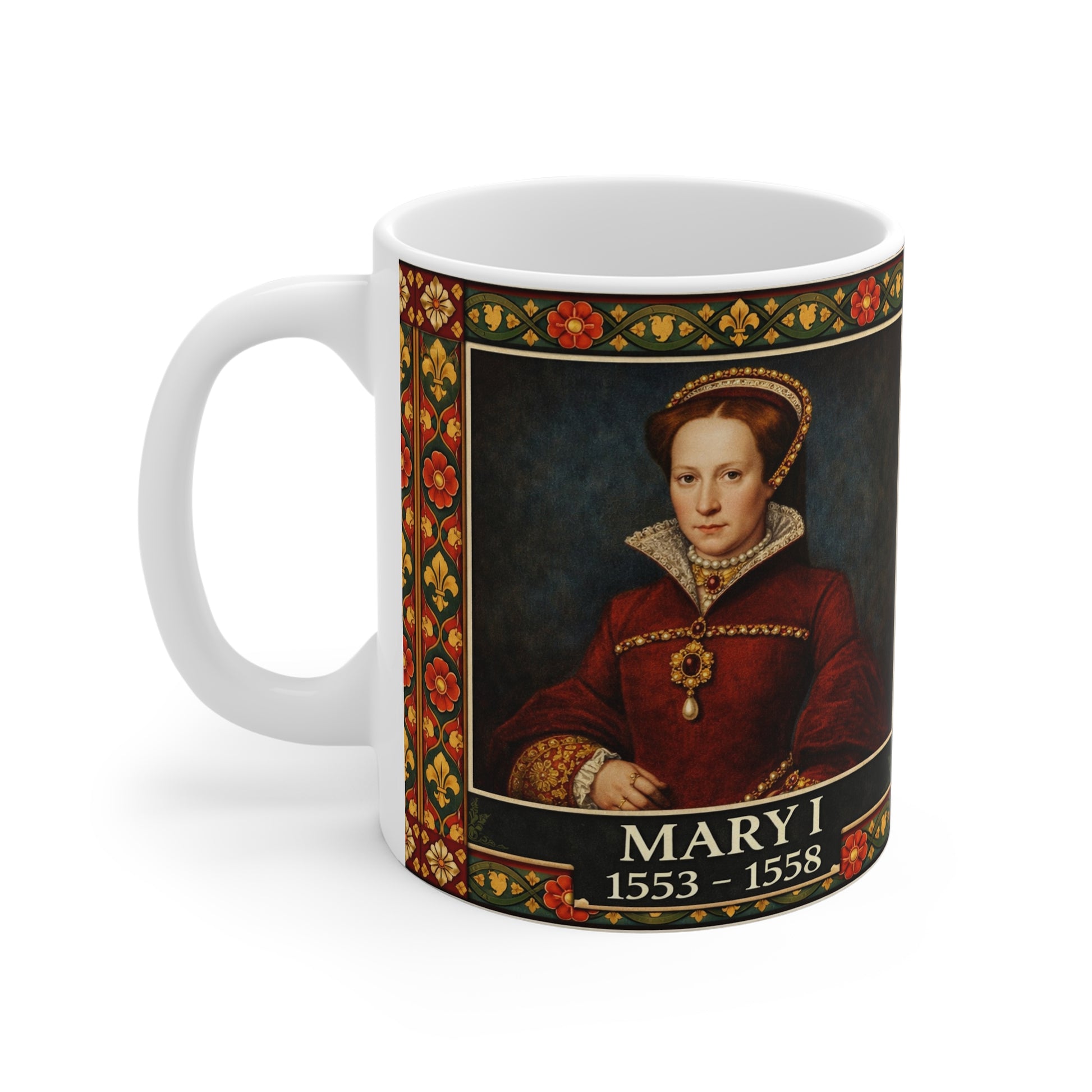 Mary I Portrait Mug with Tudor Pattern — Tudor History Gift