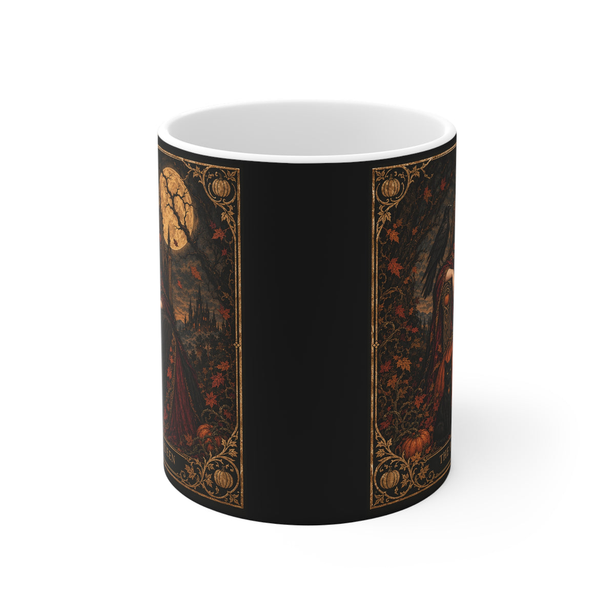 Gothic Halloween mug design showing the Pumpkin Queen in a crown of pumpkins and autumn leaves inside an ornate gold tarot border