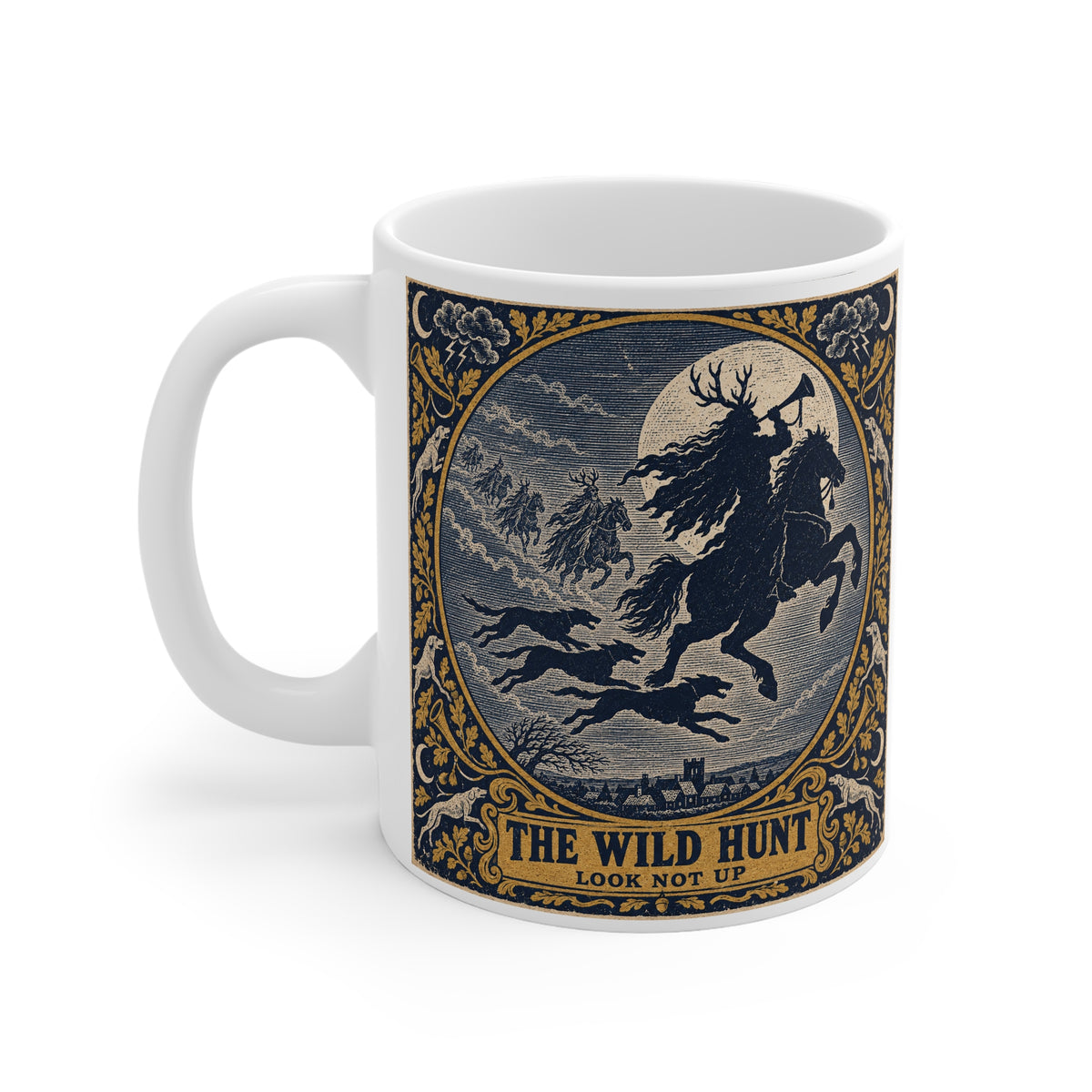 The Wild Hunt mug design — antique indigo-and-gold woodcut of an antlered rider blowing a horn across a full moon, ghostly host and hounds behind, THE WILD HUNT / LOOK NOT UP beneath