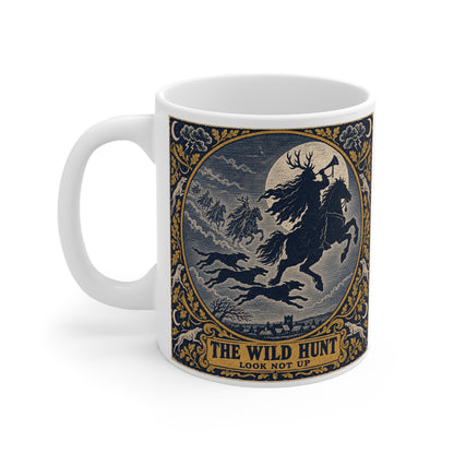 The Wild Hunt mug design — antique indigo-and-gold woodcut of an antlered rider blowing a horn across a full moon, ghostly host and hounds behind, THE WILD HUNT / LOOK NOT UP beneath