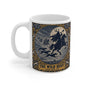 The Wild Hunt mug design — antique indigo-and-gold woodcut of an antlered rider blowing a horn across a full moon, ghostly host and hounds behind, THE WILD HUNT / LOOK NOT UP beneath