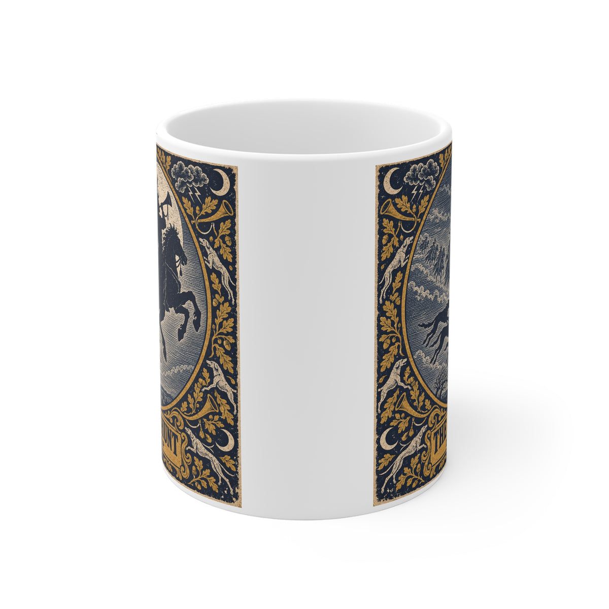 Side view of the Wild Hunt mug showing the woodcut design wrapping around the white ceramic within an oak-leaf and storm-cloud border