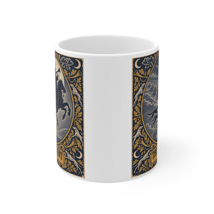 Side view of the Wild Hunt mug showing the woodcut design wrapping around the white ceramic within an oak-leaf and storm-cloud border