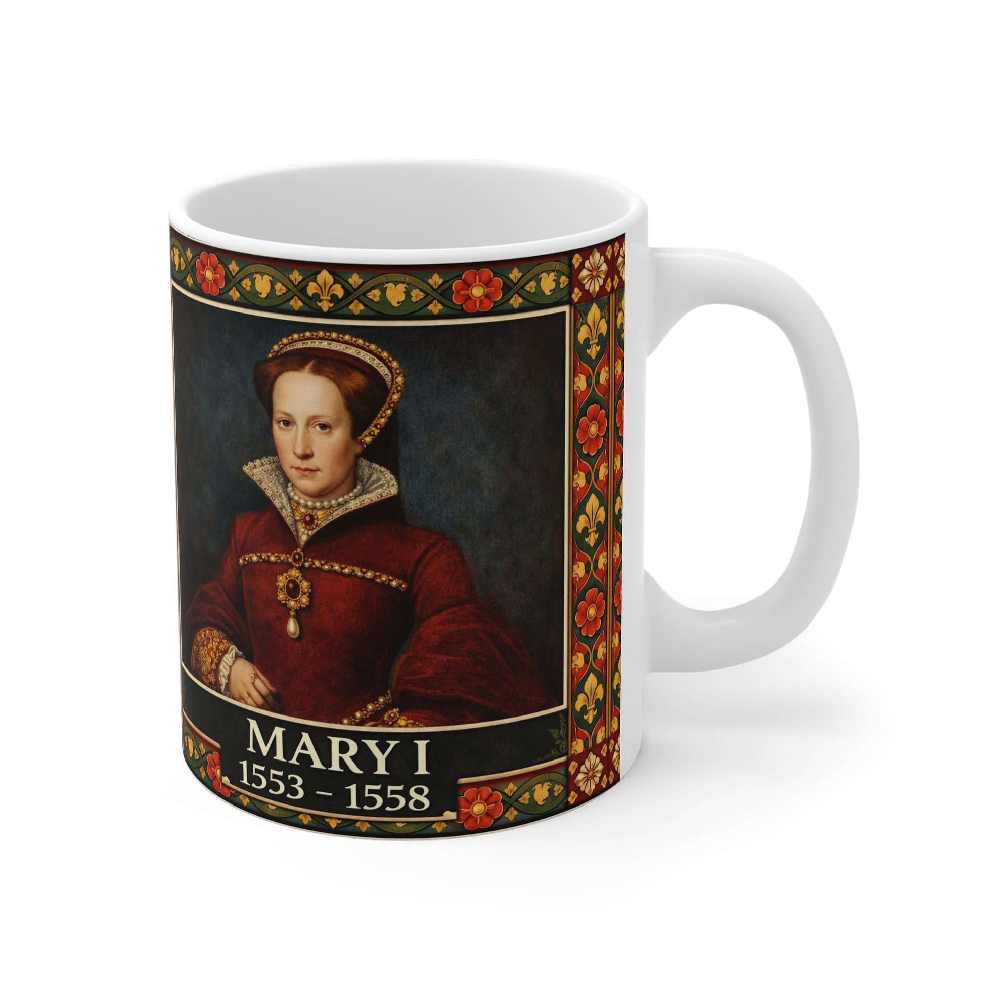 Mary I Portrait Mug with Tudor Pattern — Tudor History Gift