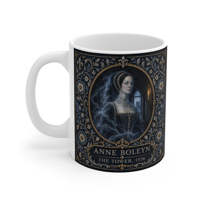 Anne Boleyn ghost mug — the spectral Tudor queen in a gable hood and pearl B necklace beside a gothic window, printed on an 11oz ceramic mug