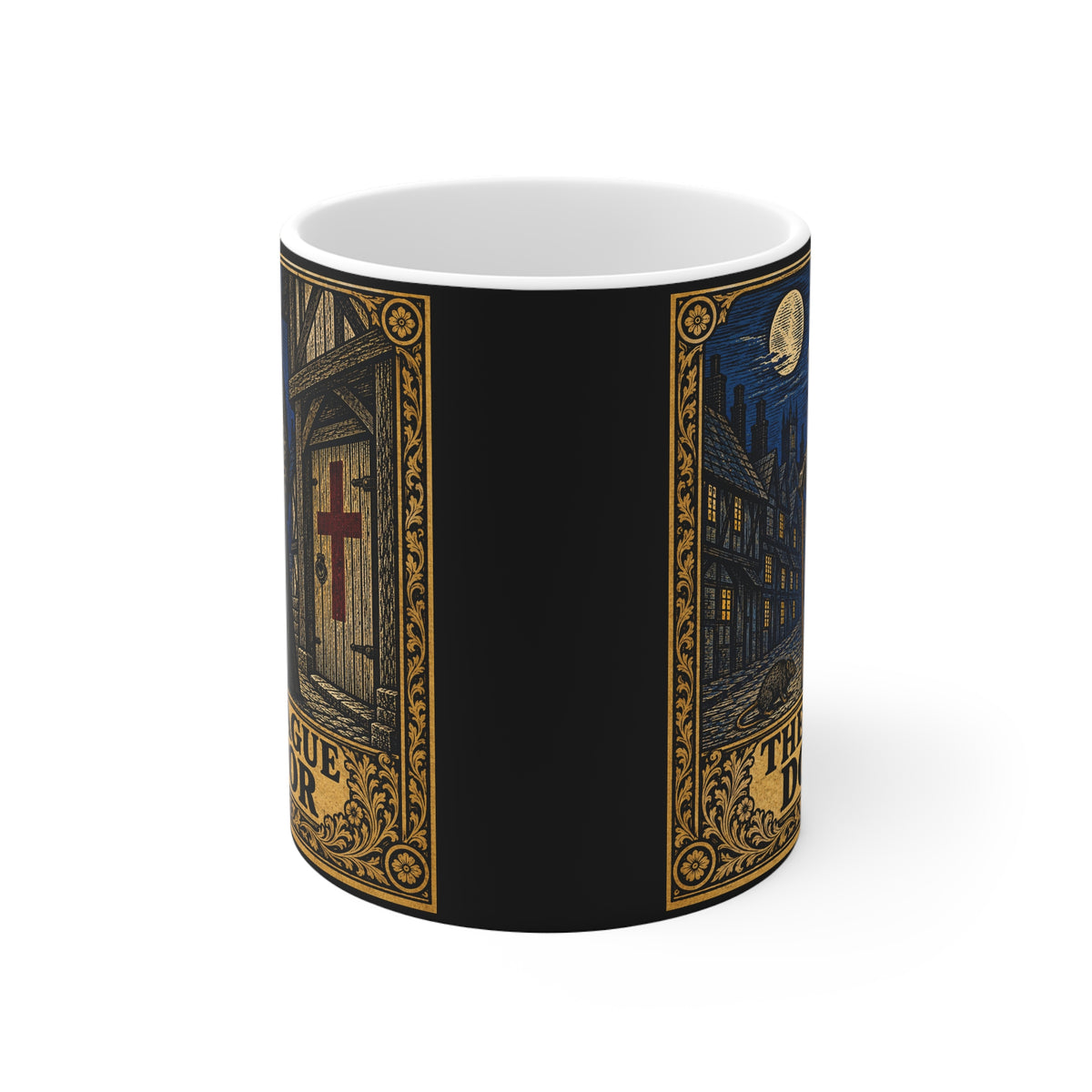 Side view of the Plague Doctor mug showing the woodcut design wrapping around the white ceramic within a gold filigree border
