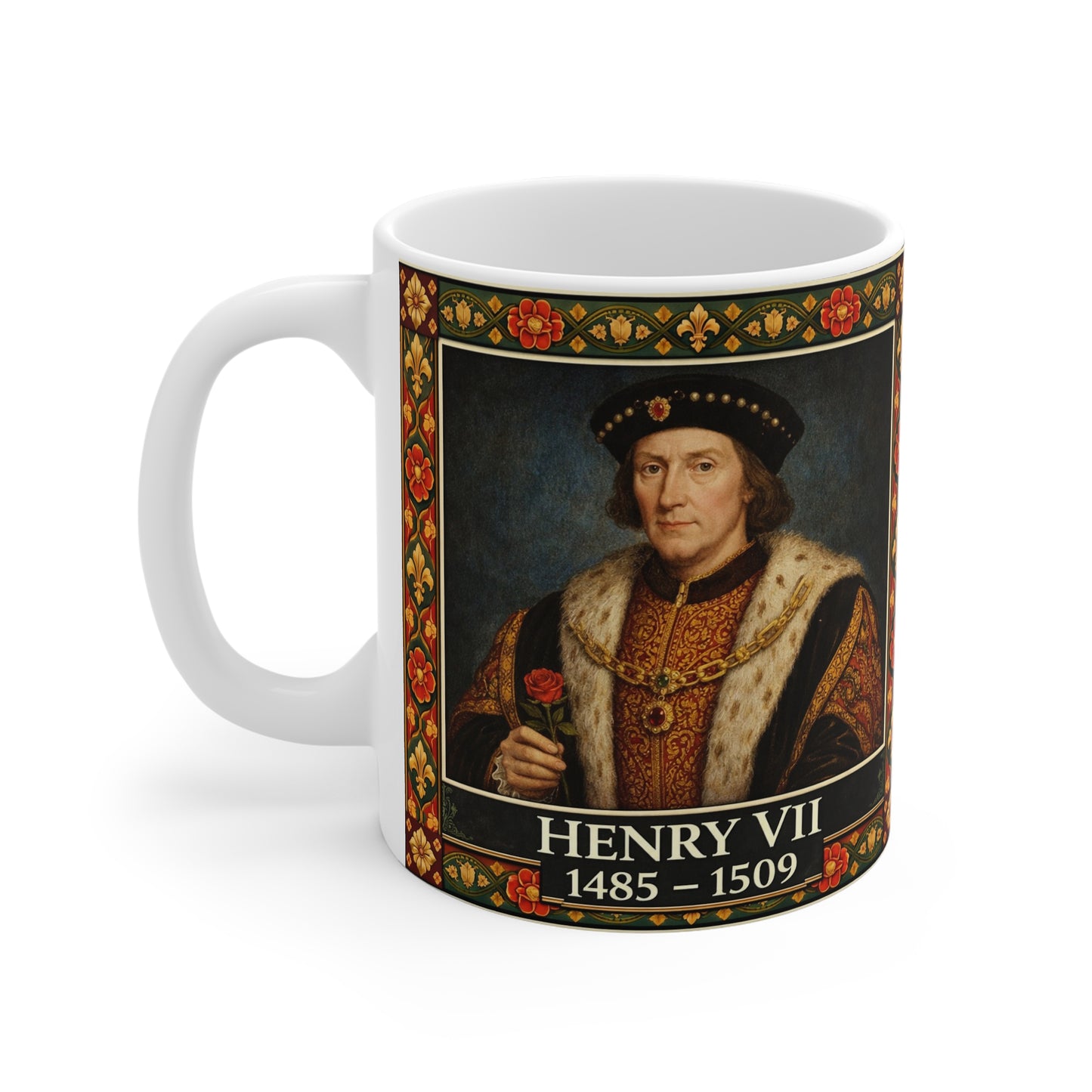 Henry VII Portrait Mug with Tudor Pattern — Tudor History Gift