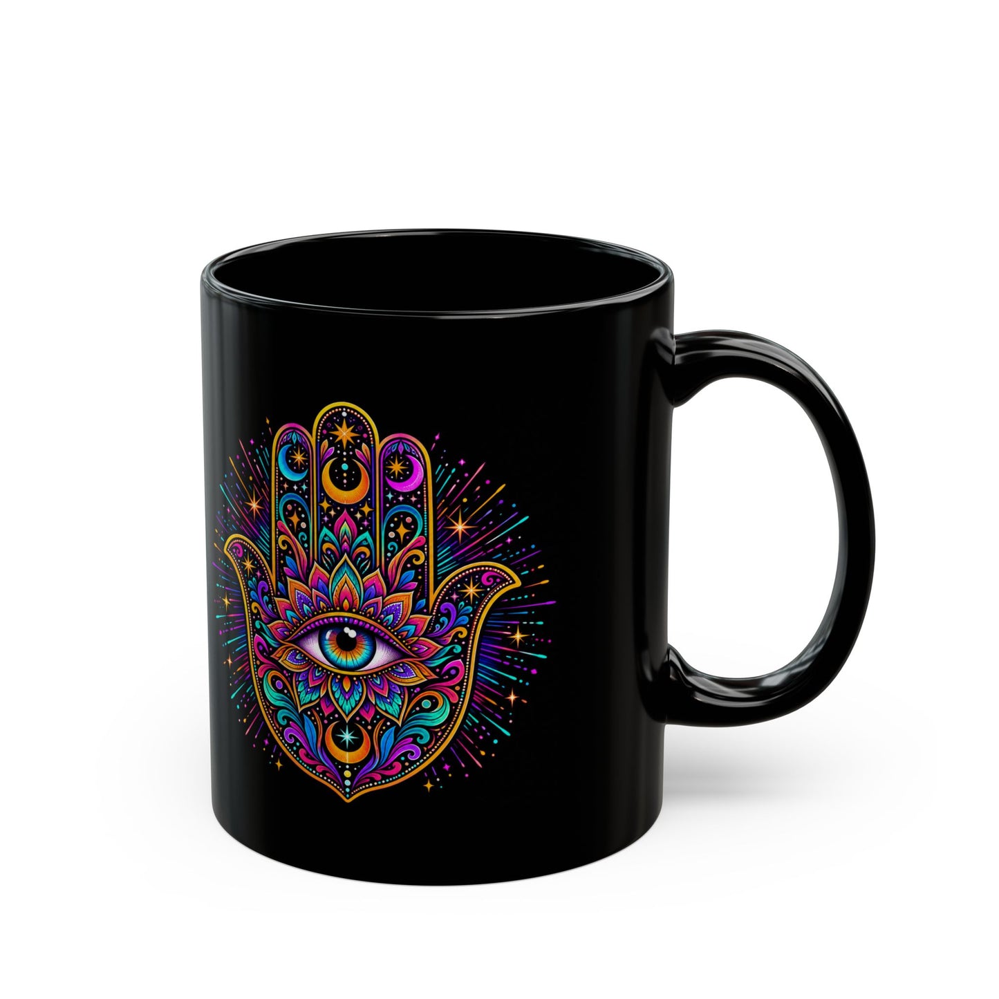 Psychedelic Hamsa Hand Mug — Third Eye Black Ceramic Coffee Cup