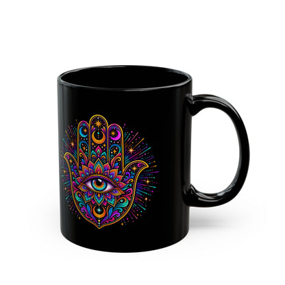 Psychedelic Hamsa Hand Mug — Third Eye Black Ceramic Coffee Cup