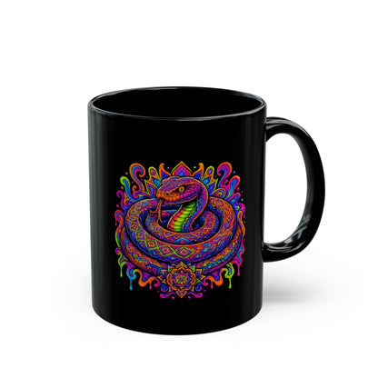 Psychedelic Rainbow Snake Mug — Trippy Serpent Black Ceramic Coffee Cup