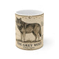 Grey wolf vintage wildlife illustration with botanical accents on a white ceramic mug