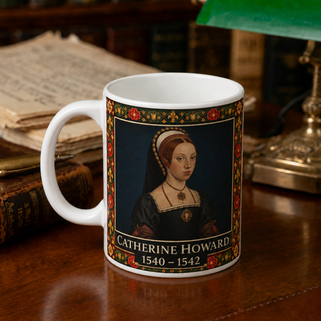 Tasse mit Porträt von Catherine Howard – Geschenk für Geschichtsliebhaber, Thema Tudorzeit