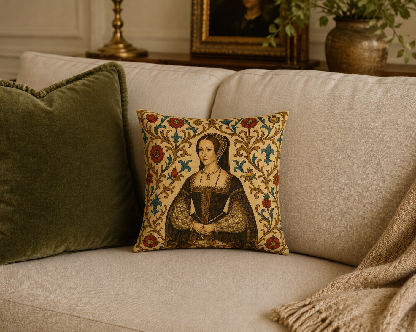 Anne Boleyn Tudor Portrait Cushion — Regal History Gift Throw Pillow