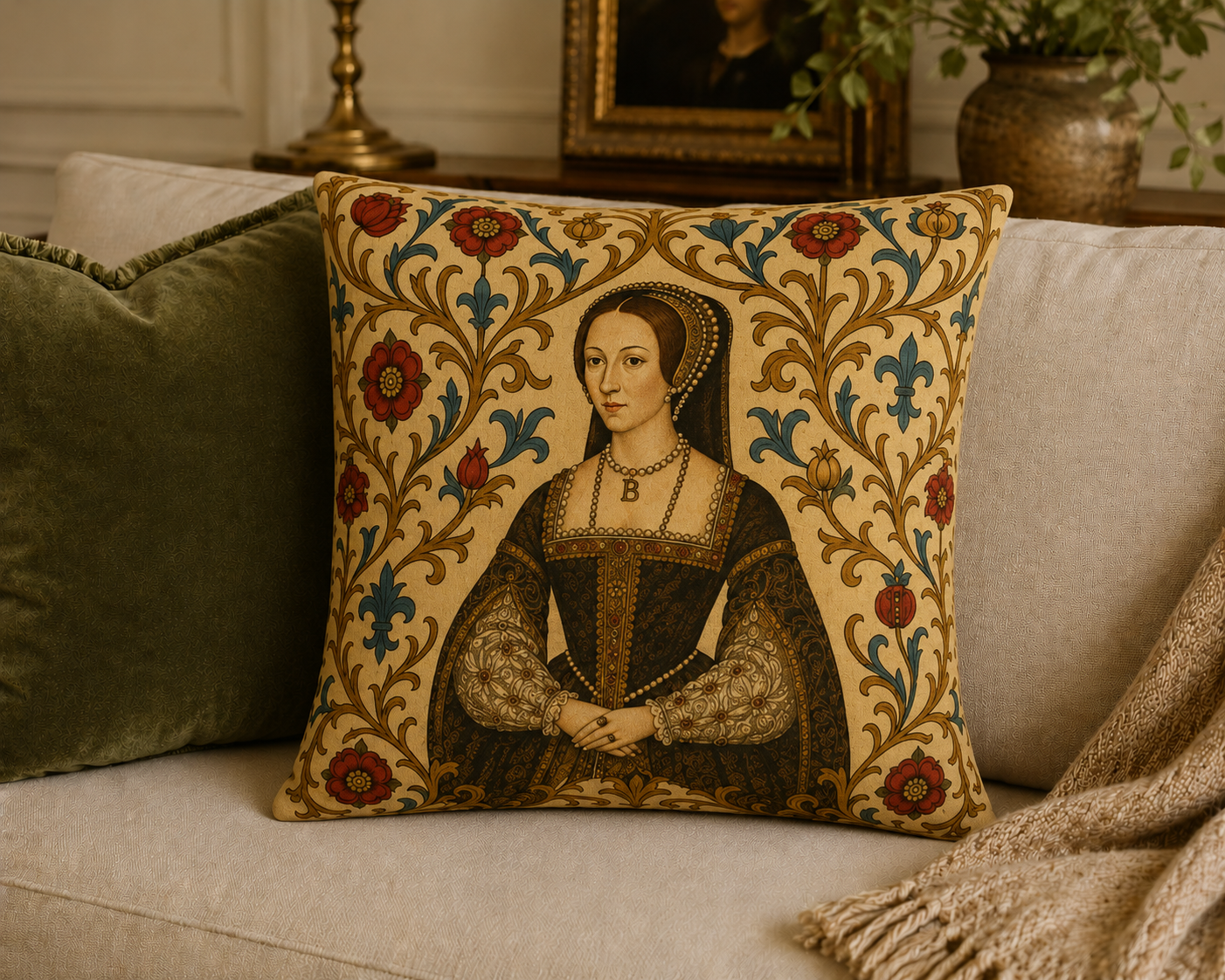Anne Boleyn Tudor Portrait Cushion — Regal History Gift Throw Pillow