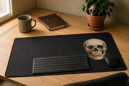 Skull desk mat showing the hand-drawn skull print on a deep black background