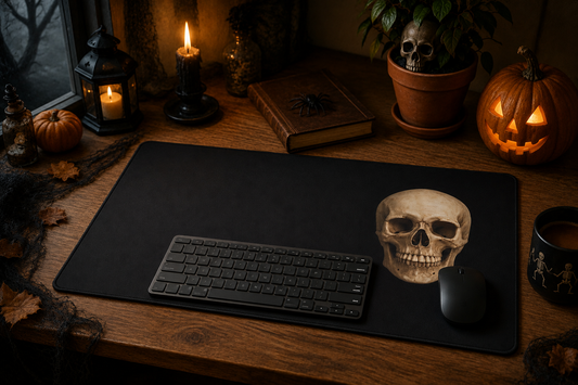 Gothic black skull desk mat on a desk with keyboard and mouse