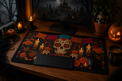 Day of the Dead sugar skull desk mat on a desk with keyboard and mouse