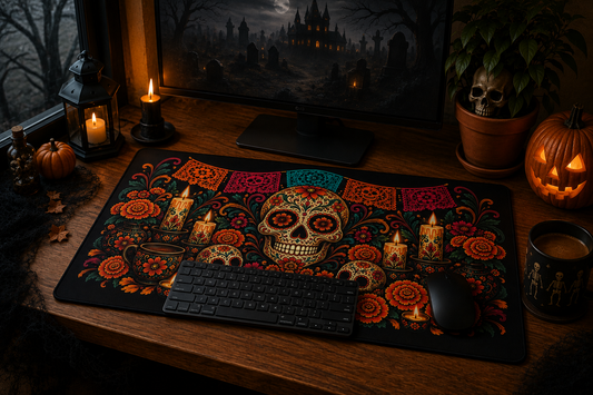 Day of the Dead sugar skull desk mat on a desk with keyboard and mouse