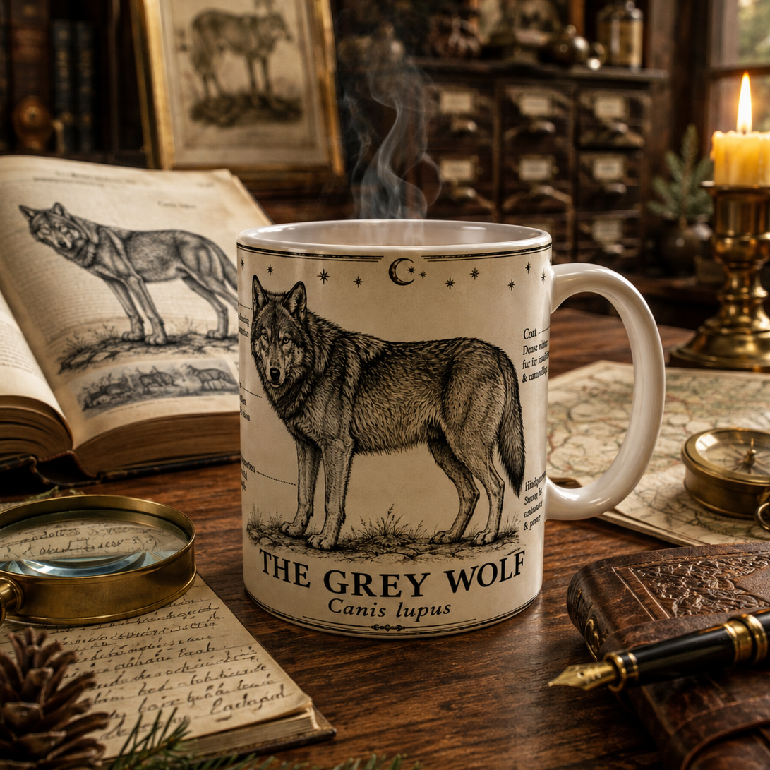 Vintage wildlife illustration of a grey wolf (Canis lupus) with collector's notes, printed on an 11oz white ceramic mug