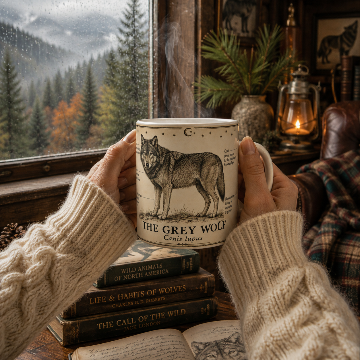 Grey wolf museum plate design wrapping an 11oz white ceramic mug