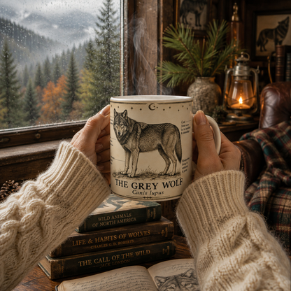 Grey wolf museum plate design wrapping an 11oz white ceramic mug