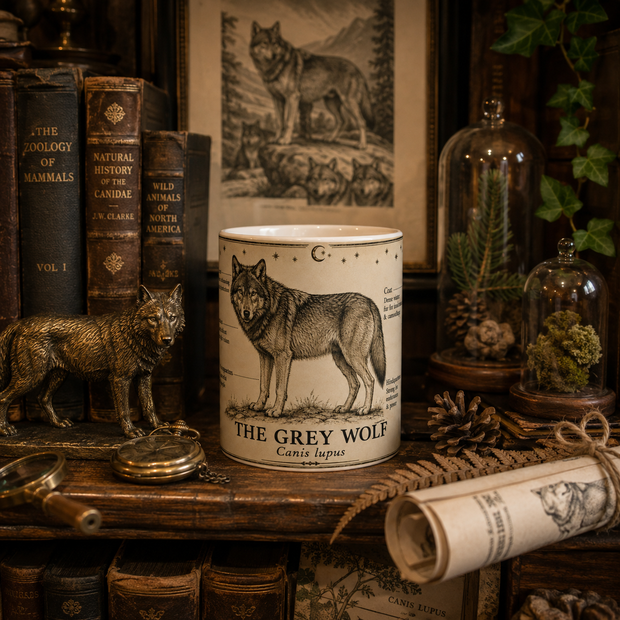 White ceramic mug printed with a pen-and-ink grey wolf and specimen notes