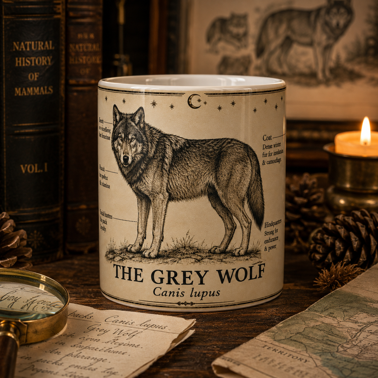 Canis lupus naturalist plate illustration on an 11oz white ceramic mug