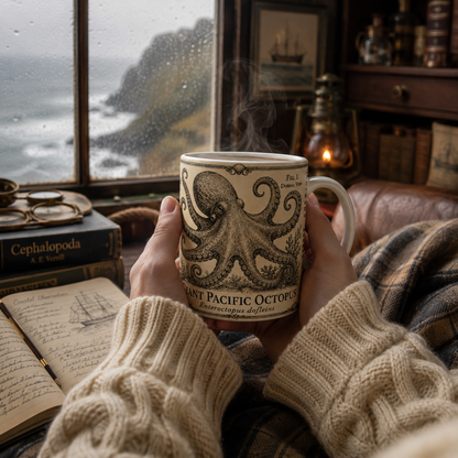 Giant Pacific octopus museum plate design wrapping an 11oz white ceramic mug