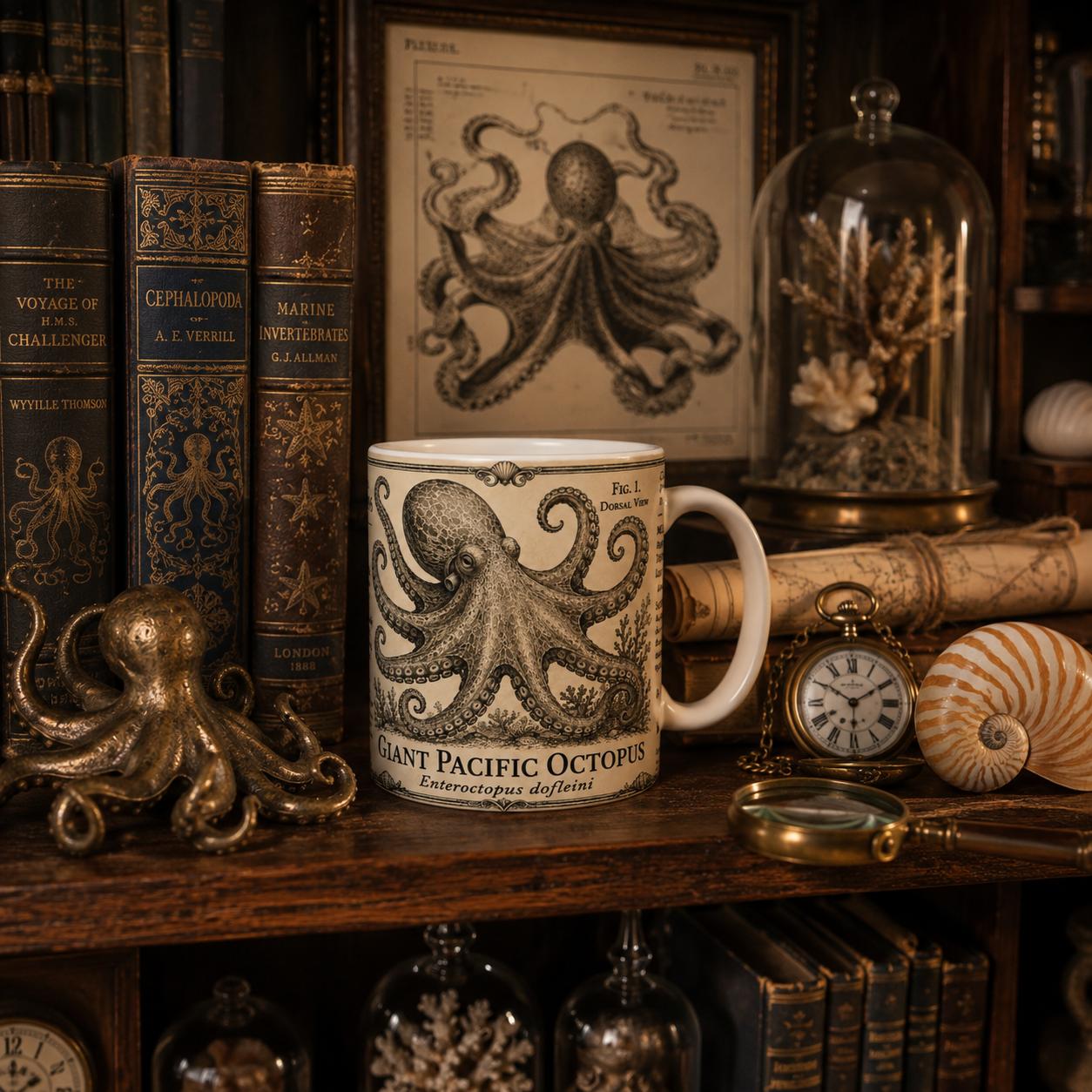 White ceramic mug printed with a pen-and-ink giant Pacific octopus and scientific annotations