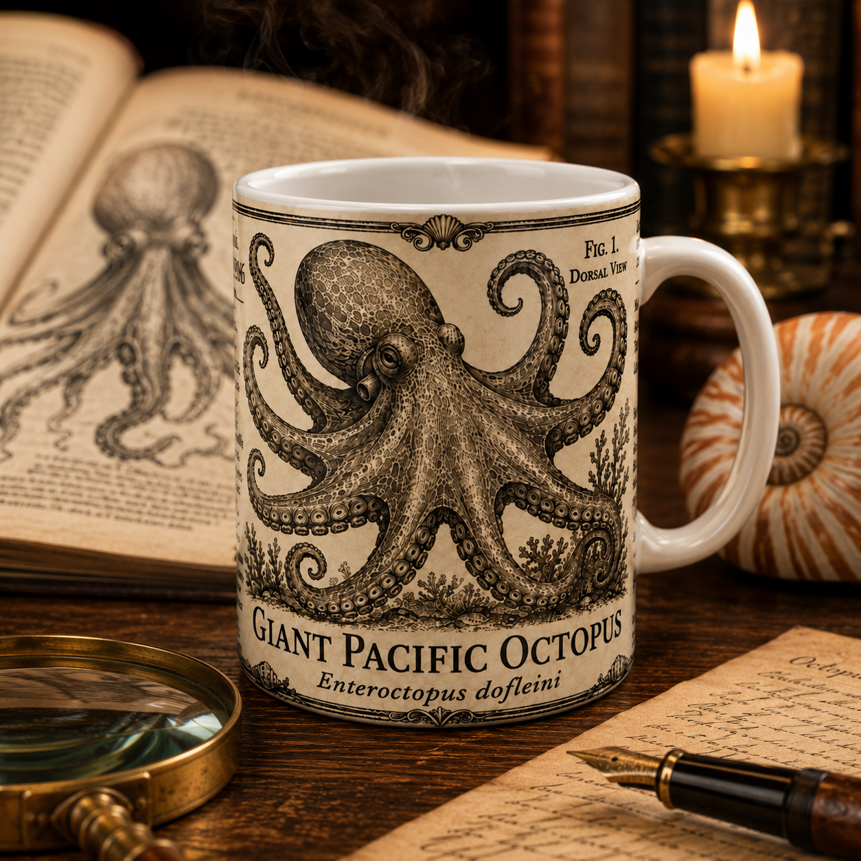 Enteroctopus dofleini naturalist plate illustration on an 11oz white ceramic mug