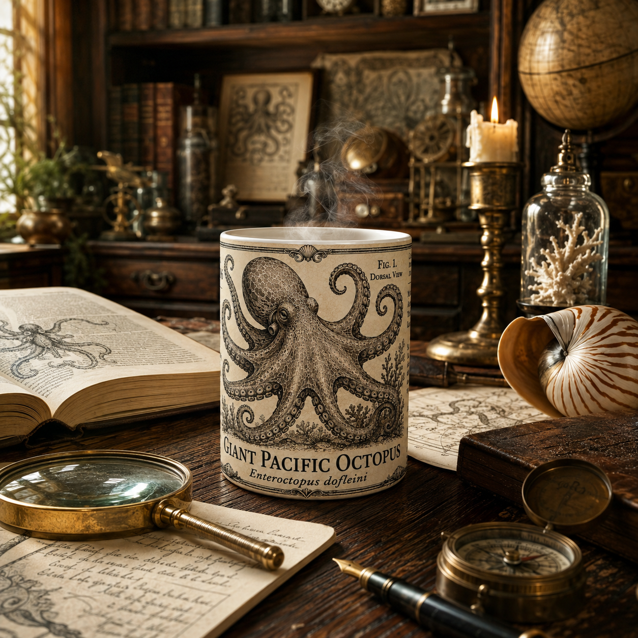 A ceramic mug featuring a vintage-style illustration of a giant Pacific octopus, styled on a dark wooden desk surrounded by antique books, a magnifying glass, a compass, and a candle.