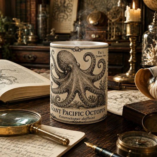 A ceramic mug featuring a vintage-style illustration of a giant Pacific octopus, styled on a dark wooden desk surrounded by antique books, a magnifying glass, a compass, and a candle.