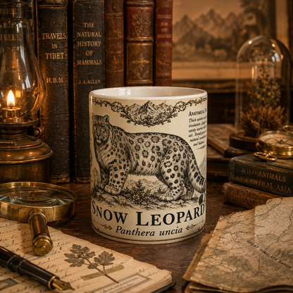 A ceramic mug featuring an illustration of a snow leopard with the text 'SNOW LEOPARD Panthera uncia' on a vintage-style desk surrounded by antique books, a lantern, and a map.