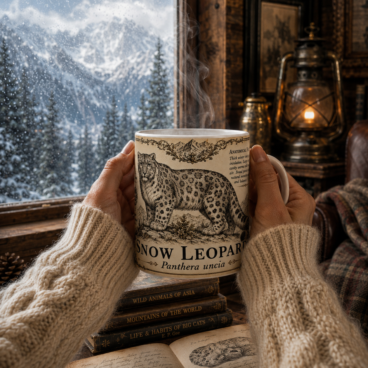 White ceramic mug printed with a pen-and-ink snow leopard and specimen notes