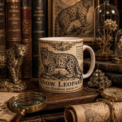Snow leopard museum plate design wrapping an 11oz white ceramic mug