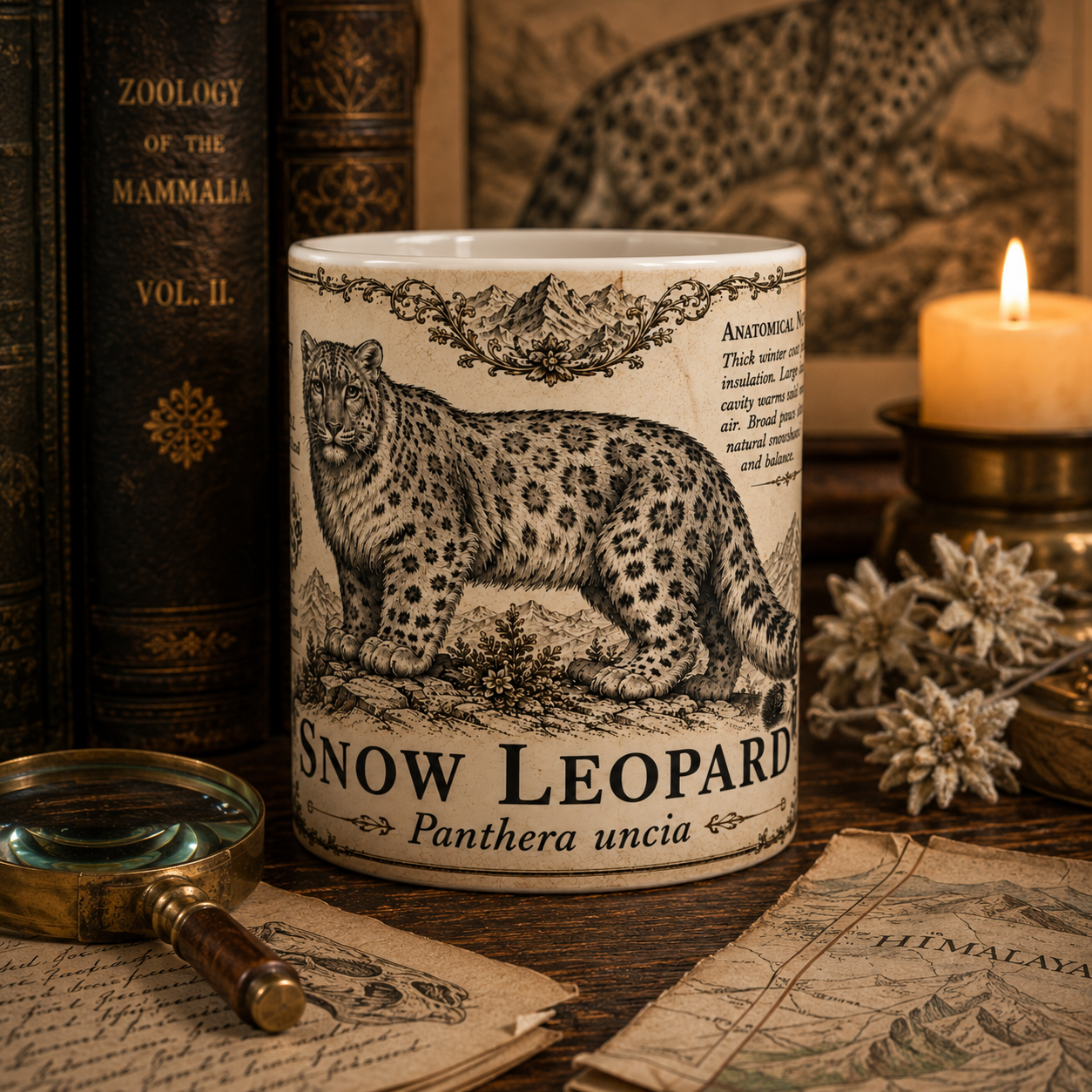 Snow leopard natural history mug in warm sepia and cream tones, 11oz white ceramic