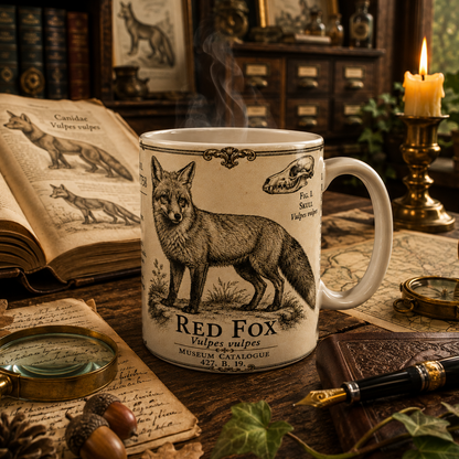 A vintage-style ceramic mug printed with a detailed illustration of a red fox and the text 'RED FOX' sits on a wooden table in a cozy, antique-filled room. The scene includes an open book, a lit candle, a magnifying glass, acorns, and a fountain pen.