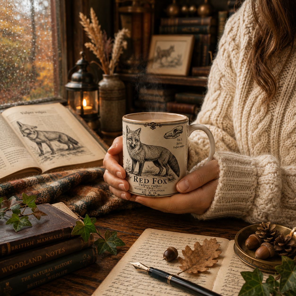 Red fox museum plate design wrapping an 11oz white ceramic mug