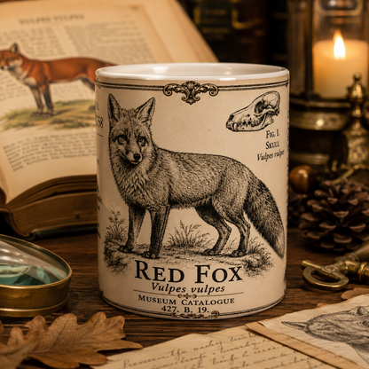 Vulpes vulpes naturalist plate illustration on an 11oz white ceramic mug